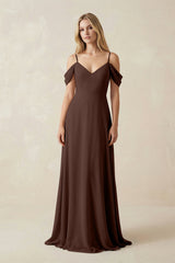Off - the - Shoulder Chiffon A - Line Maxi Bridesmaid Dress in Espresso - KISS BRIDAL Bridesmaid Dresses