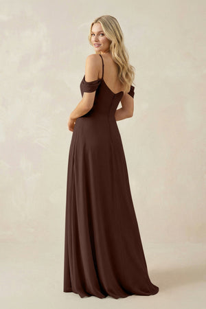 Off - the - Shoulder Chiffon A - Line Maxi Bridesmaid Dress in Espresso - SHE IS ME Bridesmaid Dresses