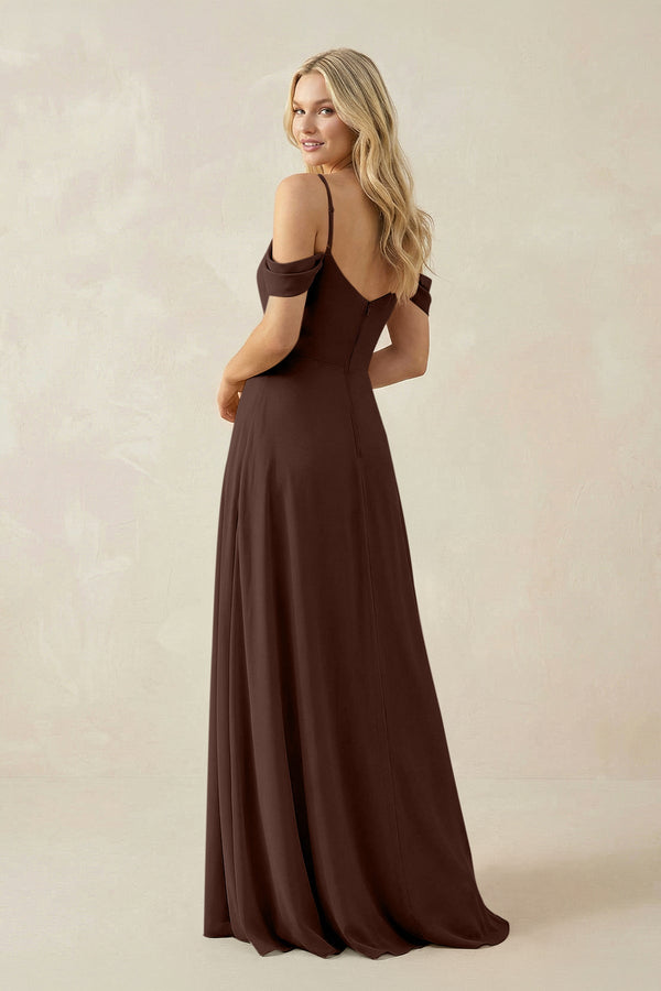 Off - the - Shoulder Chiffon A - Line Maxi Bridesmaid Dress in Espresso - SHE IS ME Bridesmaid Dresses