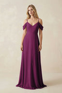 Off - the - Shoulder Chiffon A - Line Maxi Bridesmaid Dress in Fig - SHE IS ME Bridesmaid Dresses