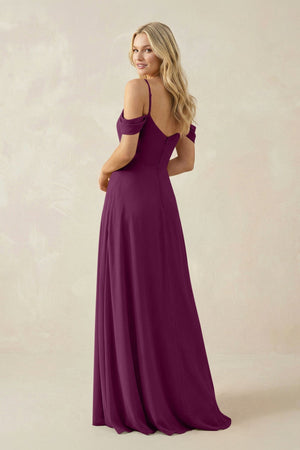 Off - the - Shoulder Chiffon A - Line Maxi Bridesmaid Dress in Fig - SHE IS ME Bridesmaid Dresses