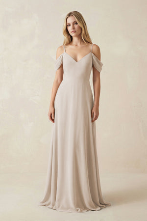 Off - the - Shoulder Chiffon A - Line Maxi Bridesmaid Dress in Frost - SHE IS ME Bridesmaid Dresses