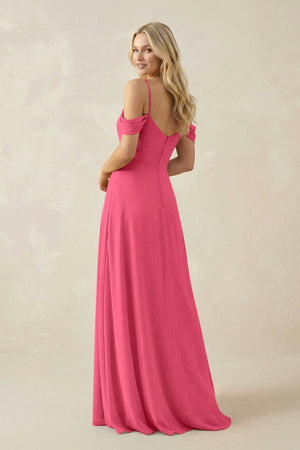 Off - the - Shoulder Chiffon A - Line Maxi Bridesmaid Dress in Fuchsia - SHE IS ME Bridesmaid Dresses