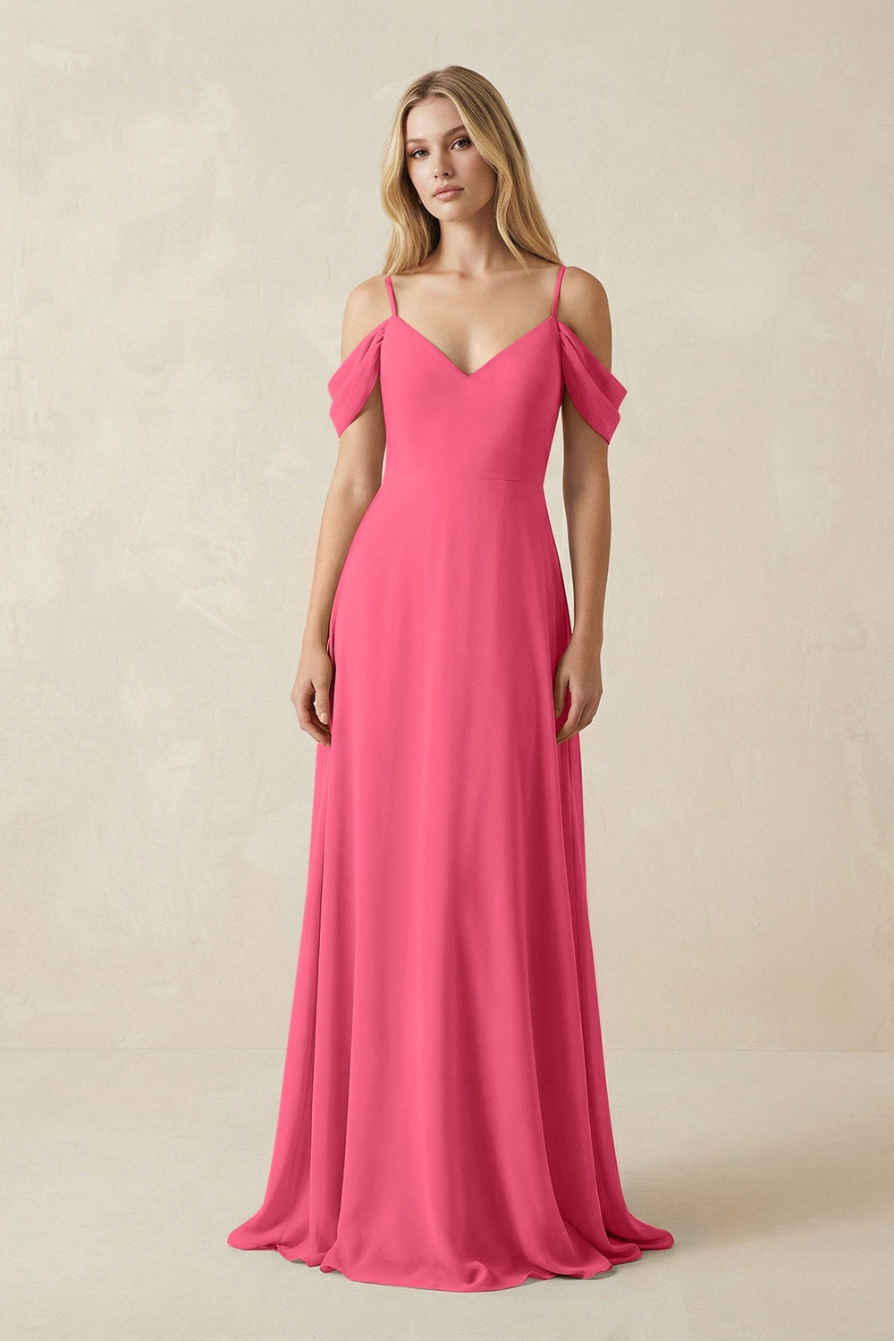 Off - the - Shoulder Chiffon A - Line Maxi Bridesmaid Dress in Fuchsia - KISS BRIDAL Bridesmaid Dresses