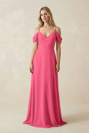 Off - the - Shoulder Chiffon A - Line Maxi Bridesmaid Dress in Fuchsia - SHE IS ME Bridesmaid Dresses