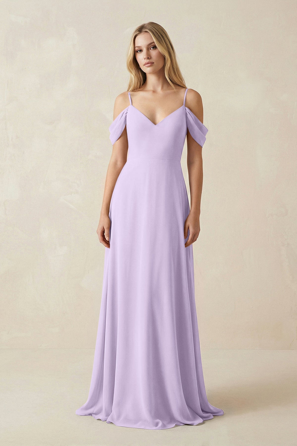Off - the - Shoulder Chiffon A - Line Maxi Bridesmaid Dress in Lavender - SHE IS ME Bridesmaid Dresses