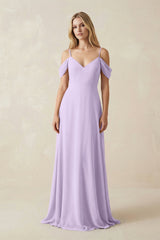 Off - the - Shoulder Chiffon A - Line Maxi Bridesmaid Dress in Lavender - KISS BRIDAL Bridesmaid Dresses