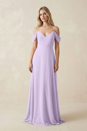 Off - the - Shoulder Chiffon A - Line Maxi Bridesmaid Dress in Lavender - SHE IS ME Bridesmaid Dresses