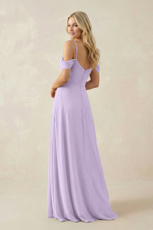 Off - the - Shoulder Chiffon A - Line Maxi Bridesmaid Dress in Lavender - SHE IS ME Bridesmaid Dresses