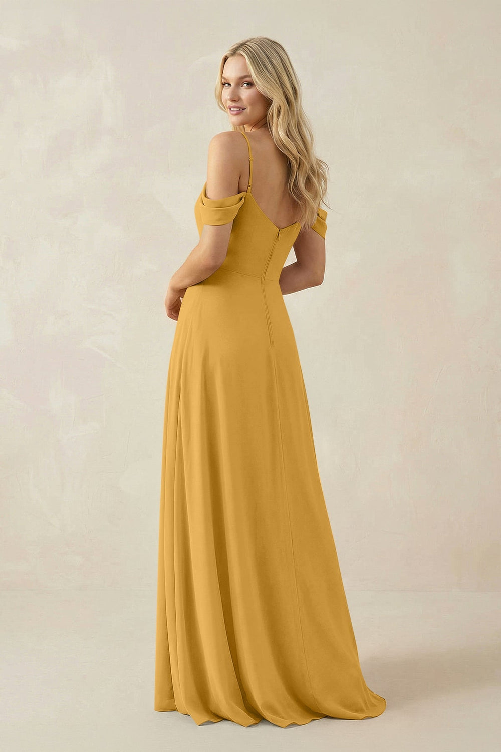 Off - the - Shoulder Chiffon A - Line Maxi Bridesmaid Dress in Marigold - SHE IS ME Bridesmaid Dresses