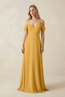 Off - the - Shoulder Chiffon A - Line Maxi Bridesmaid Dress in Marigold - SHE IS ME Bridesmaid Dresses
