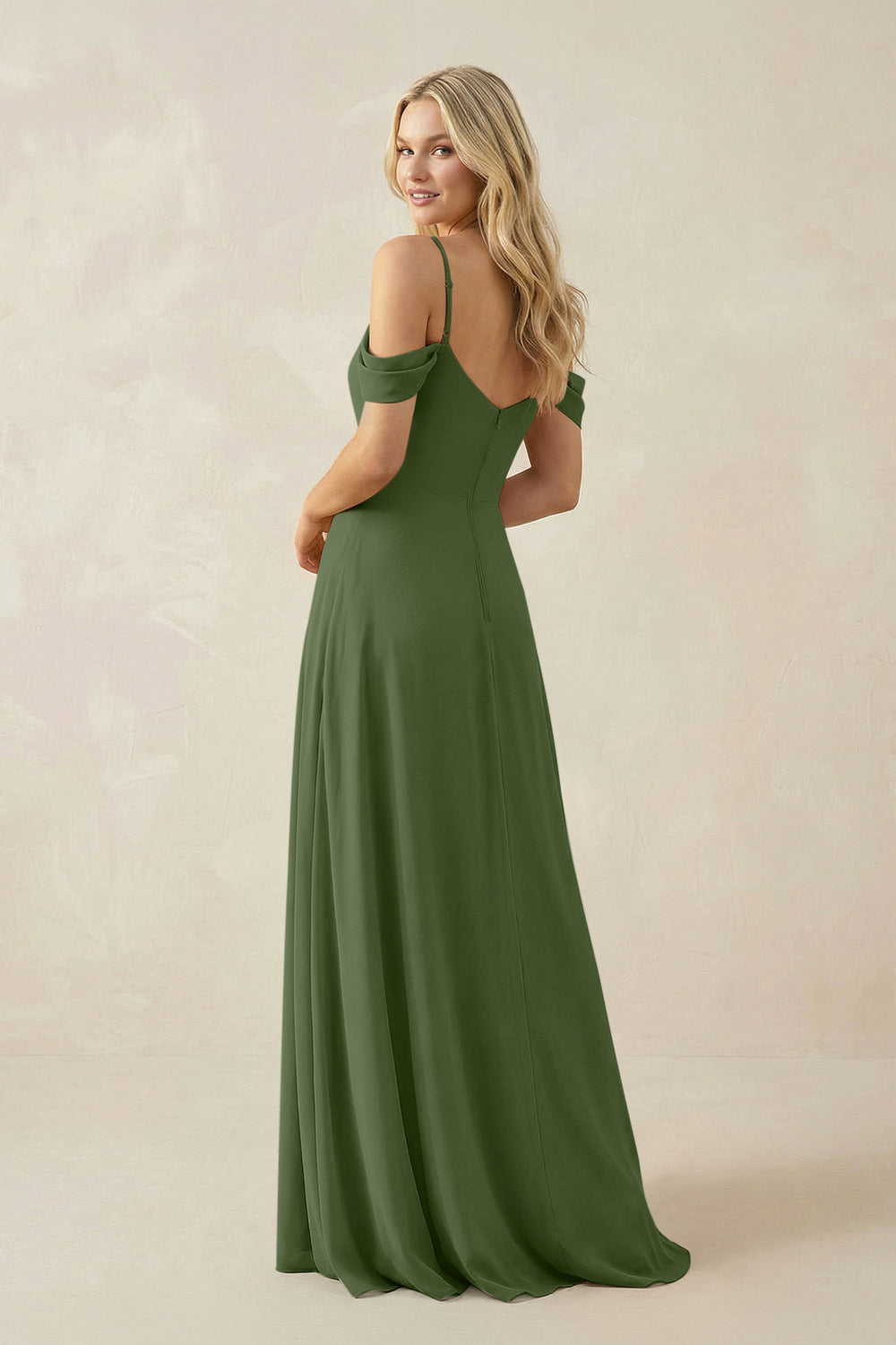Off-the-Shoulder Chiffon A-Line Maxi Bridesmaid Dress in Moss