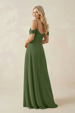 Off-the-Shoulder Chiffon A-Line Maxi Bridesmaid Dress in Moss (2) | KISSBRIDAL