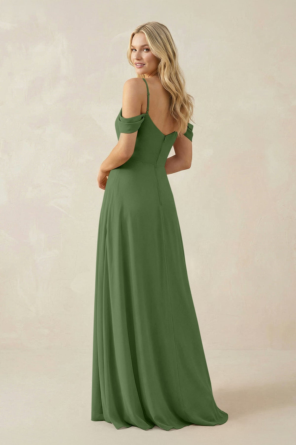 Off - the - Shoulder Chiffon A - Line Maxi Bridesmaid Dress in Moss - SHE IS ME Bridesmaid Dresses