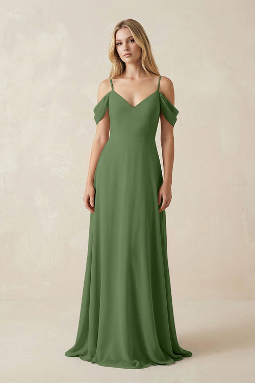 Off - the - Shoulder Chiffon A - Line Maxi Bridesmaid Dress in Moss - SHE IS ME Bridesmaid Dresses
