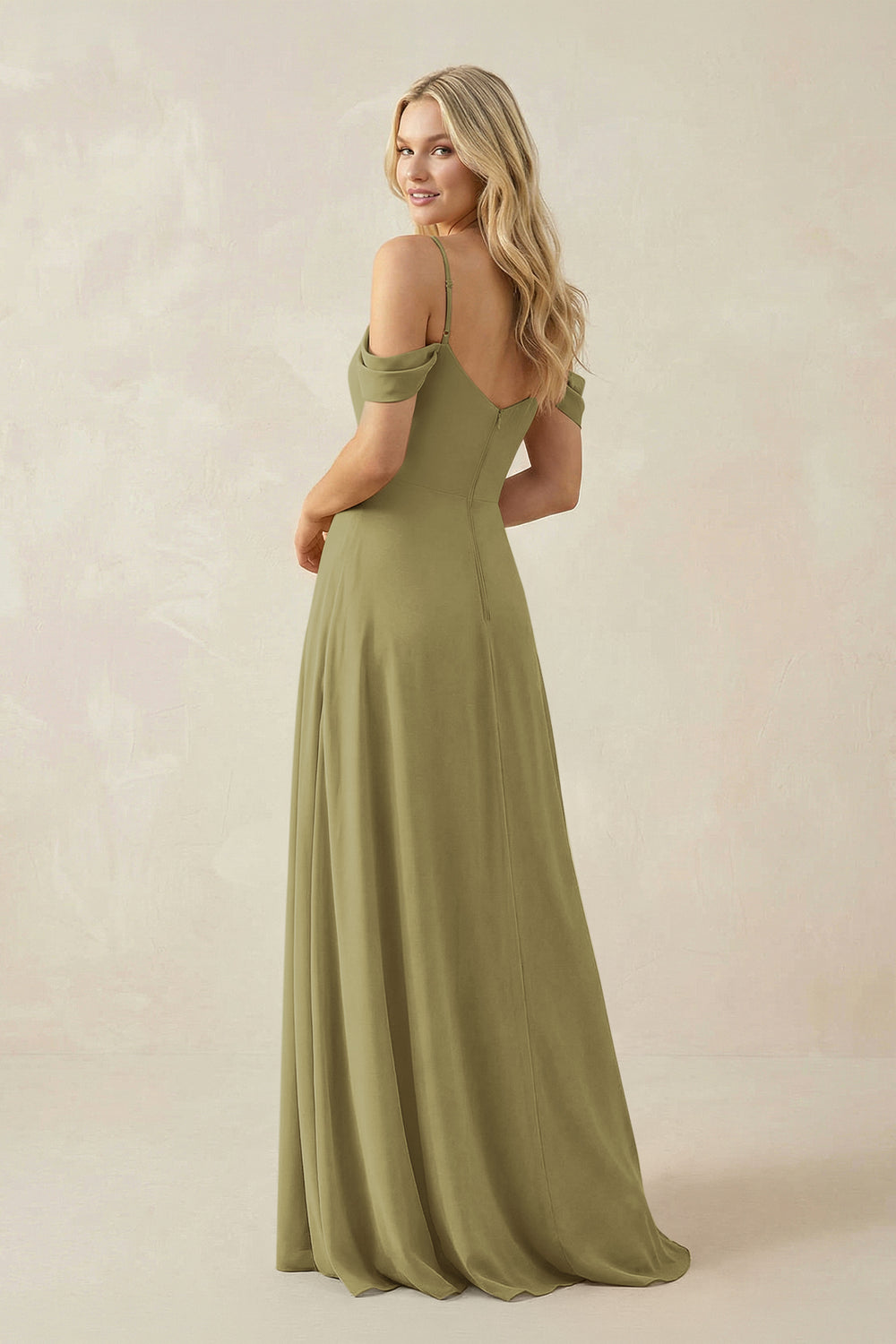 Off-the-Shoulder Chiffon A-Line Maxi Bridesmaid Dress in Moss Green
