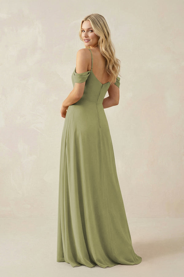 Off - the - Shoulder Chiffon A - Line Maxi Bridesmaid Dress in Moss Green - SHE IS ME Bridesmaid Dresses