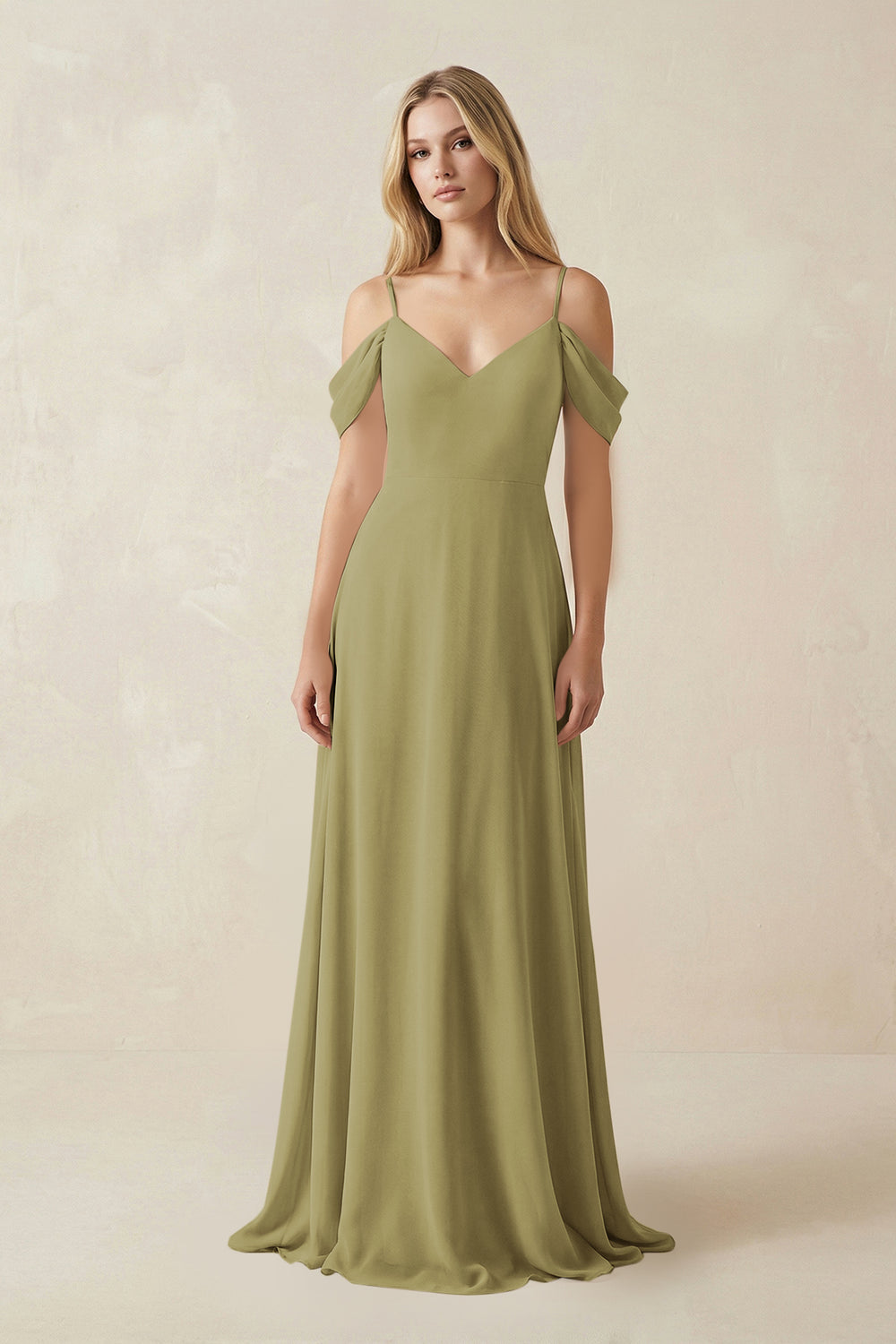 Off-the-Shoulder Chiffon A-Line Maxi Bridesmaid Dress in Moss Green