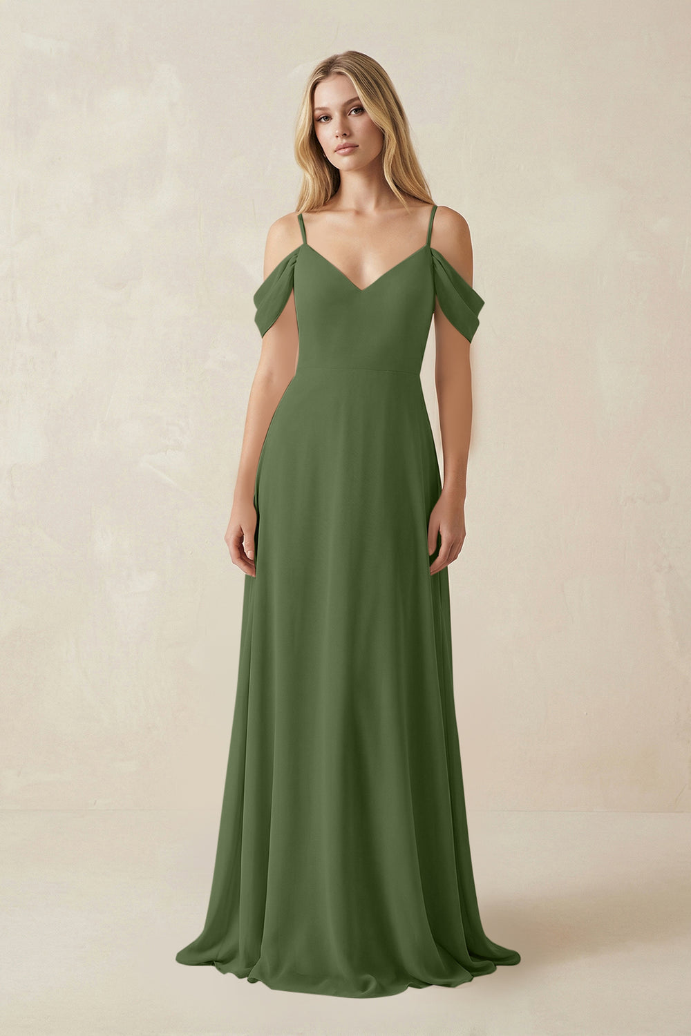 Off-the-Shoulder Chiffon A-Line Maxi Bridesmaid Dress in Moss