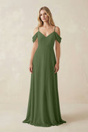 Off-the-Shoulder Chiffon A-Line Maxi Bridesmaid Dress in Moss | KISSBRIDAL
