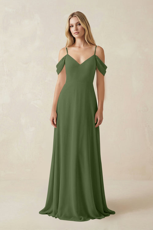 Off-the-Shoulder Chiffon A-Line Maxi Bridesmaid Dress in Moss | KISSBRIDAL