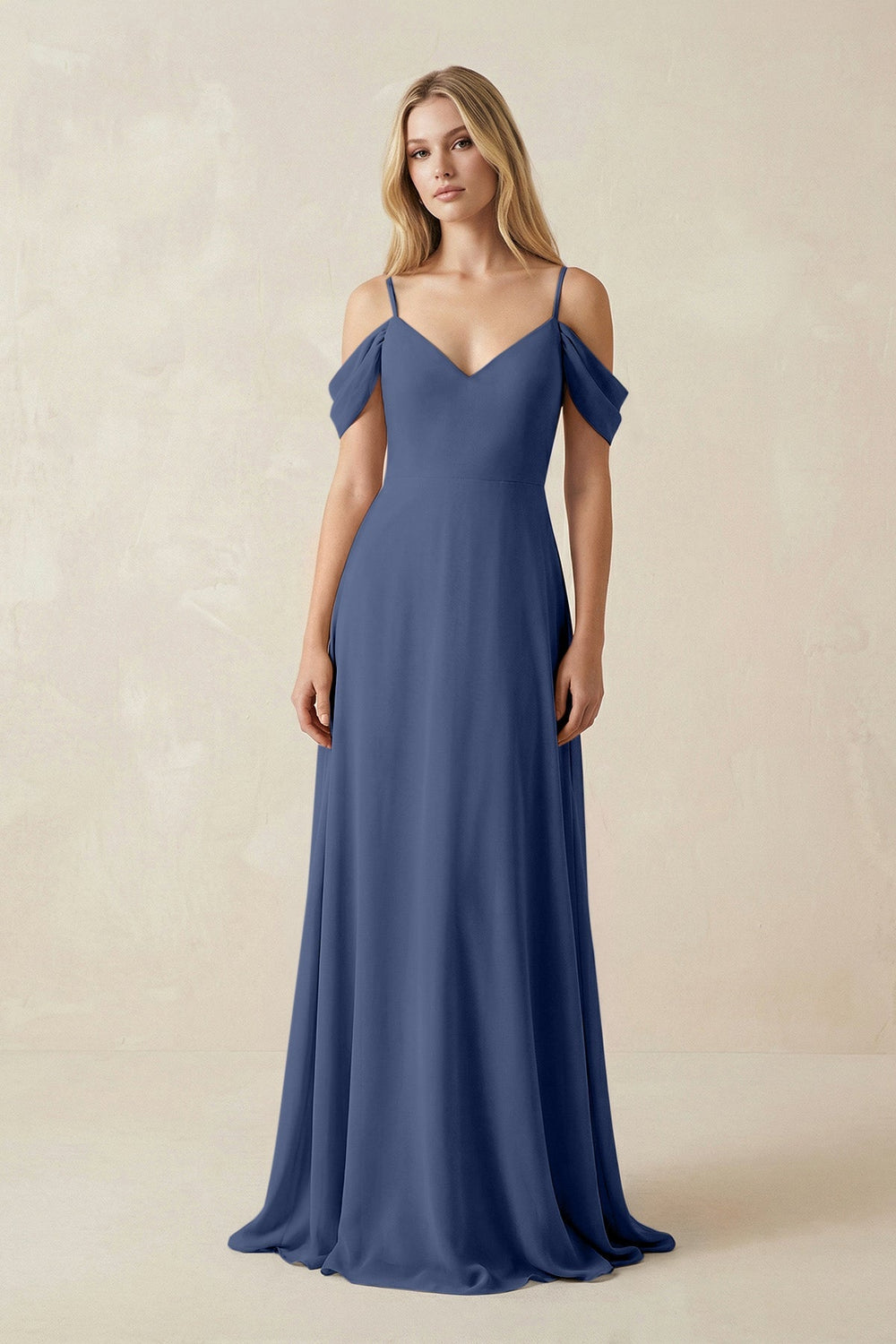 Off - the - Shoulder Chiffon A - Line Maxi Bridesmaid Dress in Navy - SHE IS ME Bridesmaid Dresses