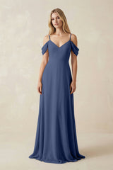 Off - the - Shoulder Chiffon A - Line Maxi Bridesmaid Dress in Navy - KISS BRIDAL Bridesmaid Dresses