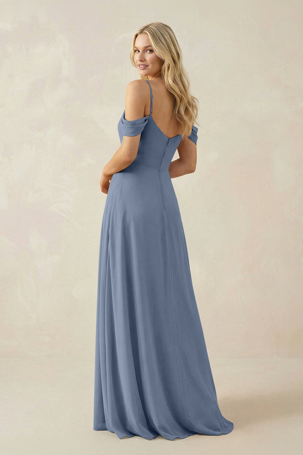 Off - the - Shoulder Chiffon A - Line Maxi Bridesmaid Dress in Neptune - SHE IS ME Bridesmaid Dresses