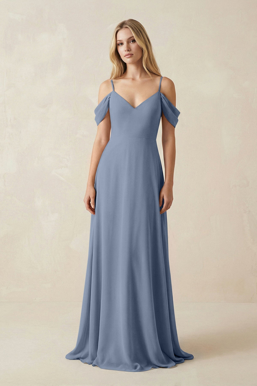 Off - the - Shoulder Chiffon A - Line Maxi Bridesmaid Dress in Neptune - SHE IS ME Bridesmaid Dresses