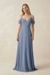 Off - the - Shoulder Chiffon A - Line Maxi Bridesmaid Dress in Neptune - KISS BRIDAL Bridesmaid Dresses