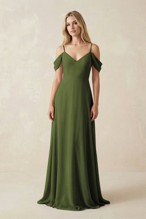 Off - the - Shoulder Chiffon A - Line Maxi Bridesmaid Dress in Olive - SHE IS ME Bridesmaid Dresses