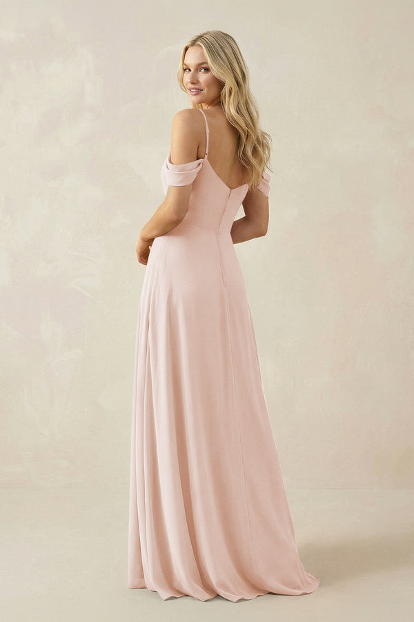 Off - the - Shoulder Chiffon A - Line Maxi Bridesmaid Dress in Pale Blush - SHE IS ME Bridesmaid Dresses