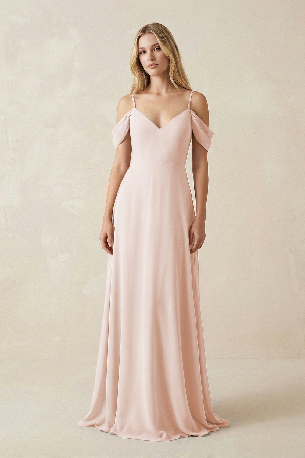 Off - the - Shoulder Chiffon A - Line Maxi Bridesmaid Dress in Pale Blush - KISS BRIDAL Bridesmaid Dresses