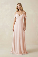 Off - the - Shoulder Chiffon A - Line Maxi Bridesmaid Dress in Pale Blush - KISS BRIDAL Bridesmaid Dresses
