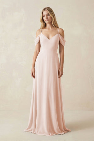 Off - the - Shoulder Chiffon A - Line Maxi Bridesmaid Dress in Pale Blush - SHE IS ME Bridesmaid Dresses