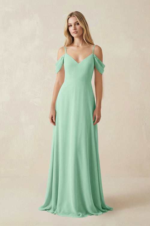 Off - the - Shoulder Chiffon A - Line Maxi Bridesmaid Dress in Pale Pistachio - SHE IS ME Bridesmaid Dresses