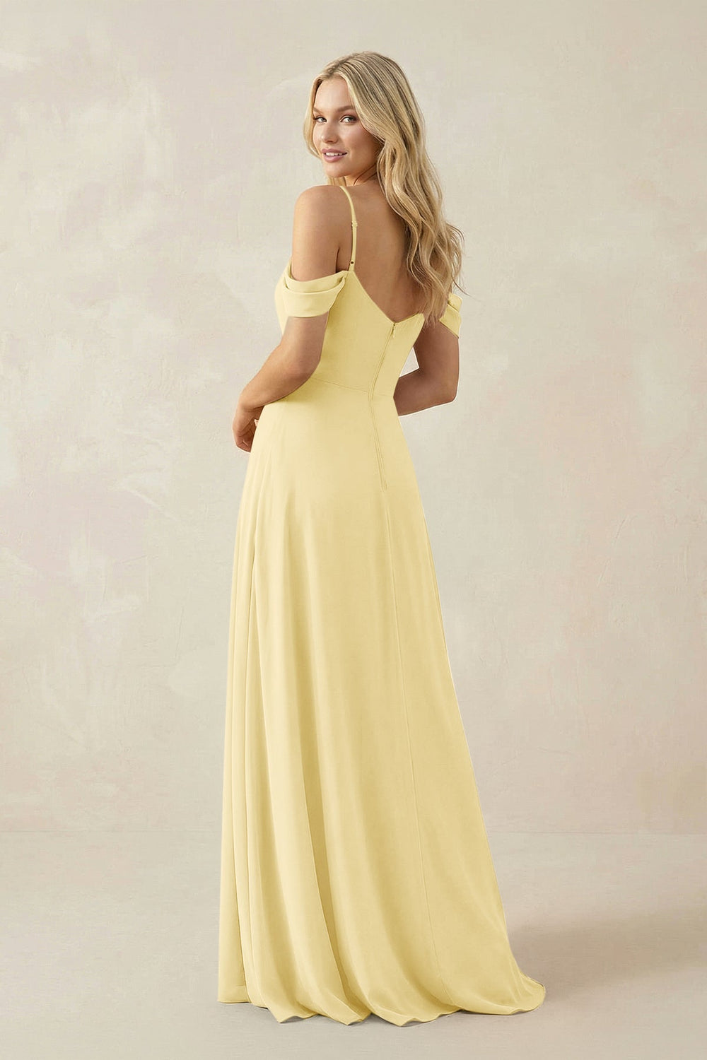 Off - the - Shoulder Chiffon A - Line Maxi Bridesmaid Dress in Pastel Yellow - SHE IS ME Bridesmaid Dresses