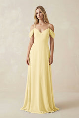 Off - the - Shoulder Chiffon A - Line Maxi Bridesmaid Dress in Pastel Yellow - KISS BRIDAL Bridesmaid Dresses