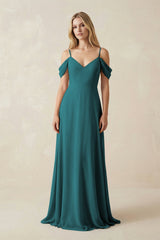 Off - the - Shoulder Chiffon A - Line Maxi Bridesmaid Dress in Pine - KISS BRIDAL Bridesmaid Dresses