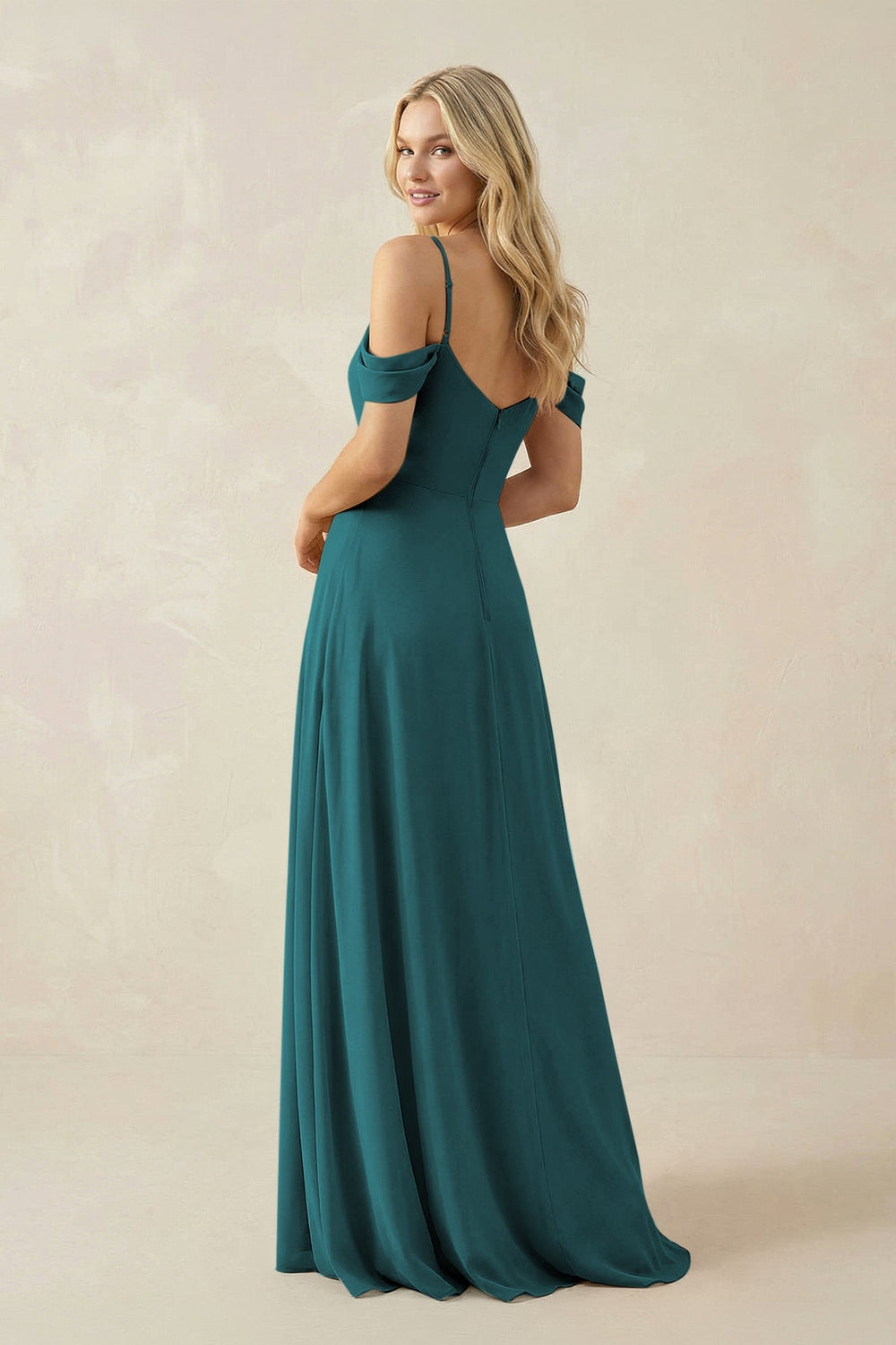 Off - the - Shoulder Chiffon A - Line Maxi Bridesmaid Dress in Pine - SHE IS ME Bridesmaid Dresses