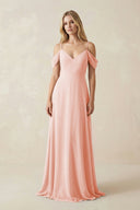 Off - the - Shoulder Chiffon A - Line Maxi Bridesmaid Dress in Rose Petal - SHE IS ME Bridesmaid Dresses