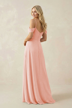 Off - the - Shoulder Chiffon A - Line Maxi Bridesmaid Dress in Rose Petal - SHE IS ME Bridesmaid Dresses