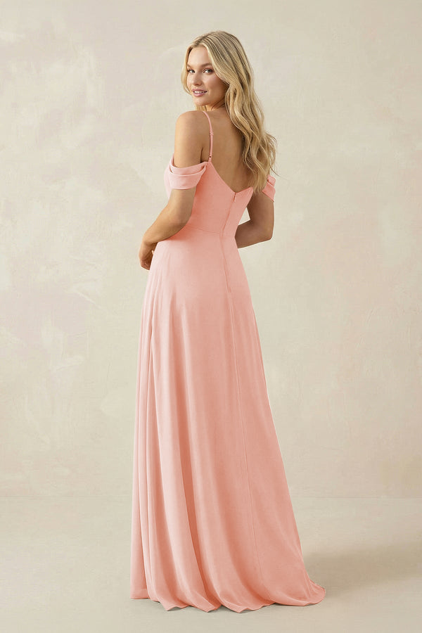 Off - the - Shoulder Chiffon A - Line Maxi Bridesmaid Dress in Rose Petal - SHE IS ME Bridesmaid Dresses