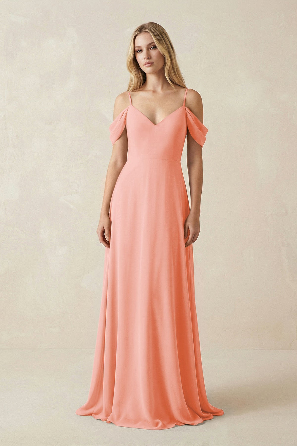 Off - the - Shoulder Chiffon A - Line Maxi Bridesmaid Dress in Rosette - KISS BRIDAL Bridesmaid Dresses