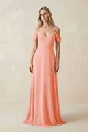 Off - the - Shoulder Chiffon A - Line Maxi Bridesmaid Dress in Rosette - SHE IS ME Bridesmaid Dresses
