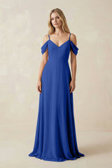 Off - the - Shoulder Chiffon A - Line Maxi Bridesmaid Dress in Royal Blue - KISS BRIDAL Bridesmaid Dresses