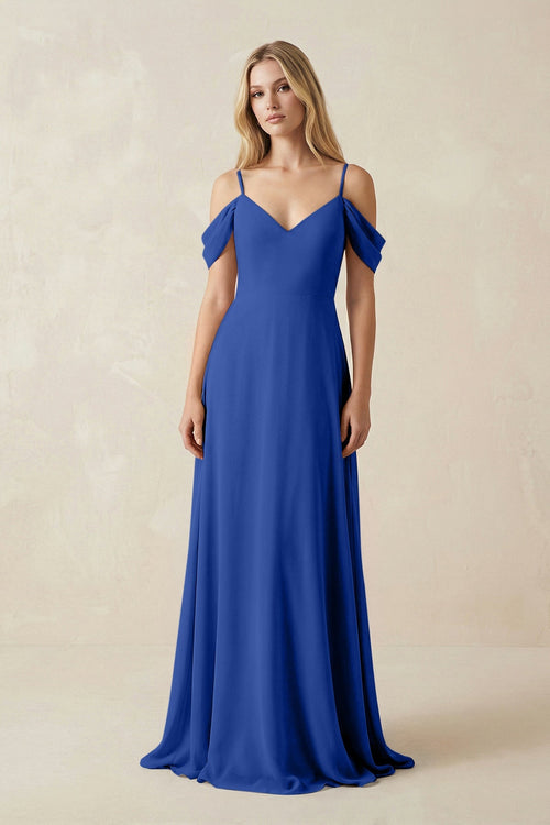 Off - the - Shoulder Chiffon A - Line Maxi Bridesmaid Dress in Royal Blue - SHE IS ME Bridesmaid Dresses