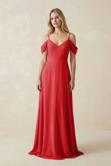 Off - the - Shoulder Chiffon A - Line Maxi Bridesmaid Dress in Ruby Red - KISS BRIDAL Bridesmaid Dresses