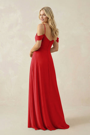 Off - the - Shoulder Chiffon A - Line Maxi Bridesmaid Dress in Ruby Red - SHE IS ME Bridesmaid Dresses