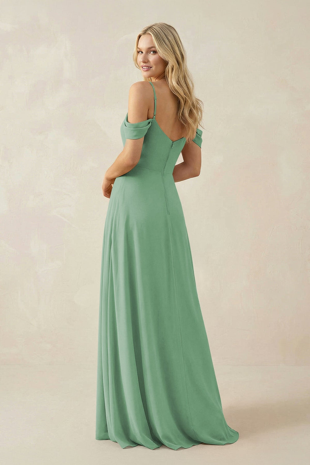 Off - the - Shoulder Chiffon A - Line Maxi Bridesmaid Dress in Sea Glass - SHE IS ME Bridesmaid Dresses